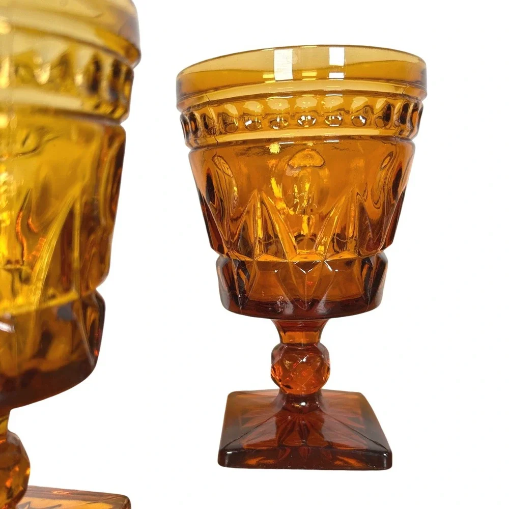 Indiana Glass Amber Goblets Thumbprint Diamond Point Square Base Set/2 VTG